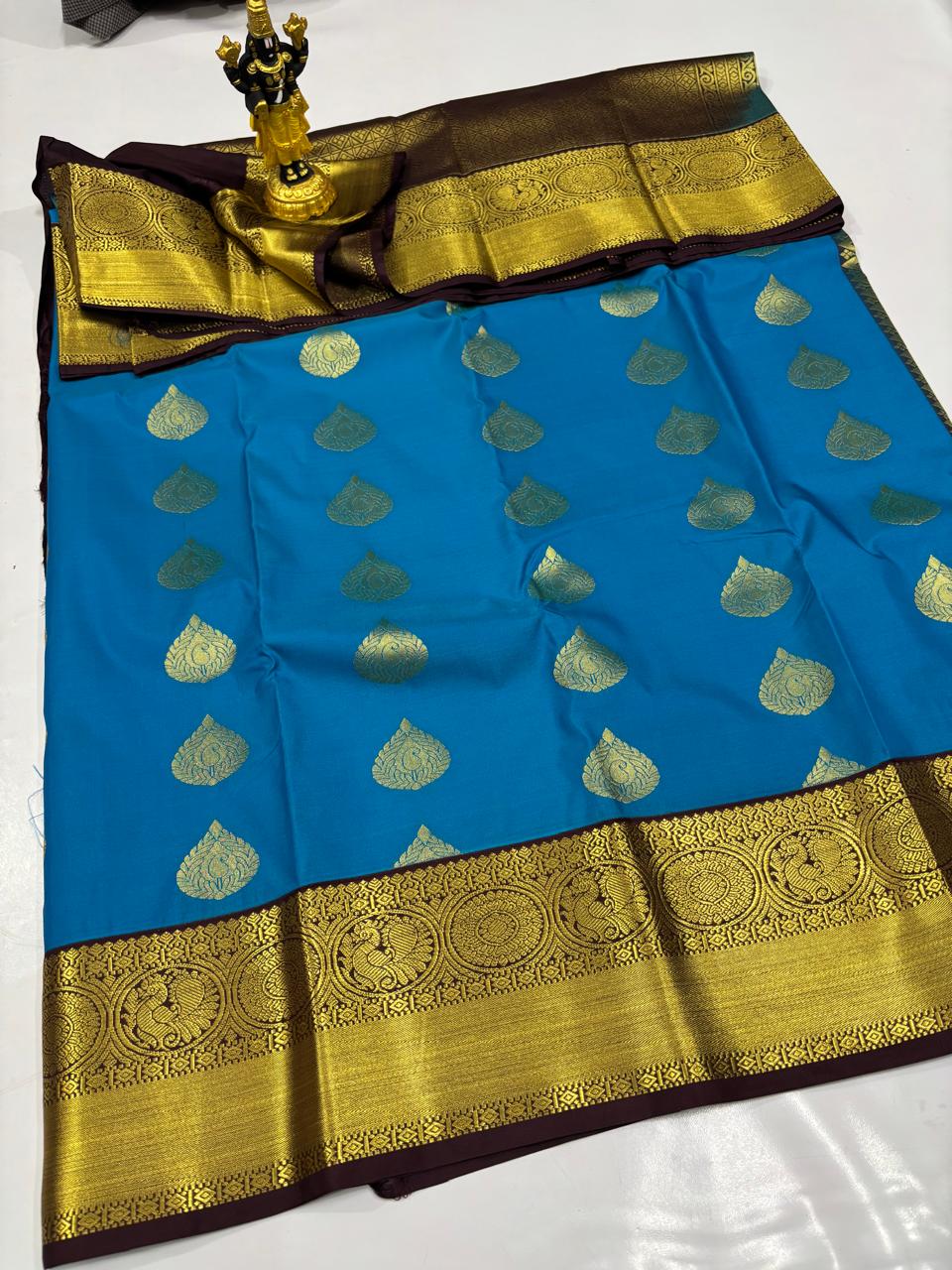 Azure Blue Elampillai Saree with Coffee Brown Zari Pallu