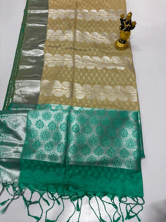 Beige gold and green Elampillai saree with silver zari woven design