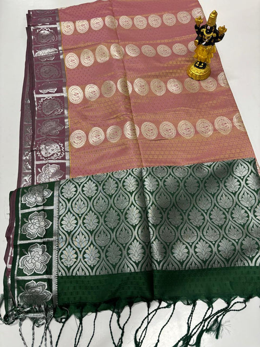 Dusty rose Elampillai silk cotton saree with bottle green border and silver zari motifs