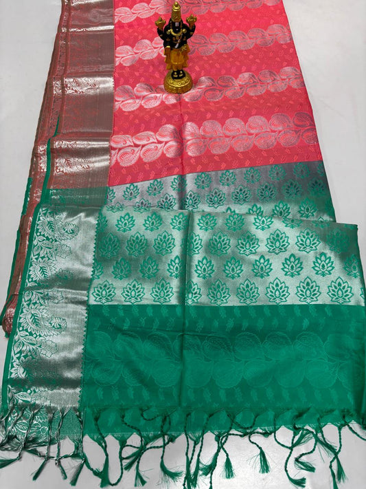 Coral pink Elampillai silk cotton saree with emerald green border and silver zari work