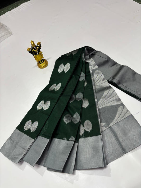 Dark green Elampillai silk cotton saree with silver grey border and zari leaf motifs