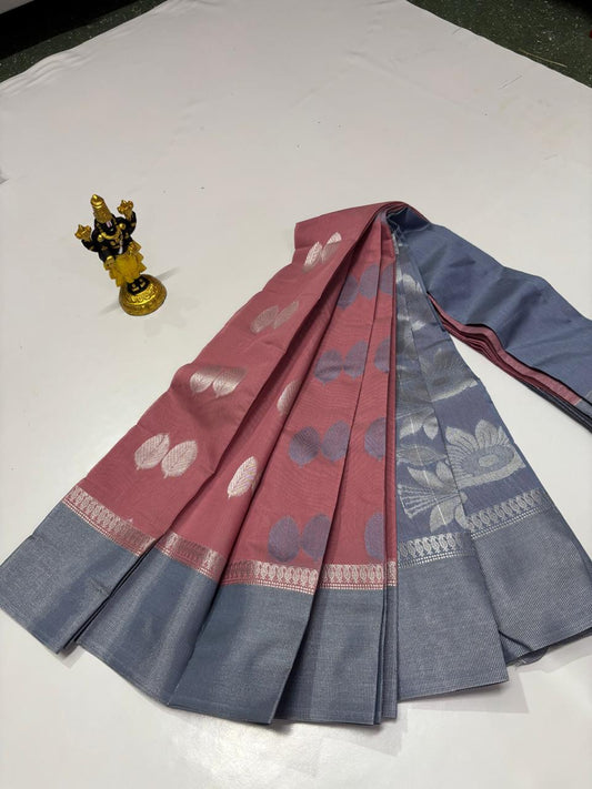 Dusty rose Elampillai silk cotton saree with steel grey border and silver zari motifs