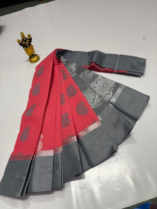 Coral red silk cotton saree with grey floral zari border