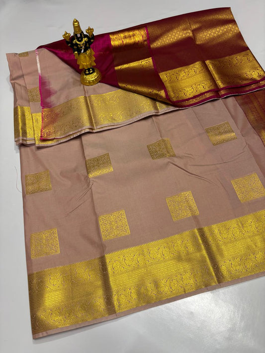 Dusty Rose Elampillai saree with square zari motifs and deep maroon border.