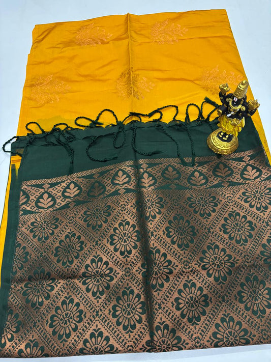 Bright Yellow Elampillai Silk Saree with Emerald Green Pallu