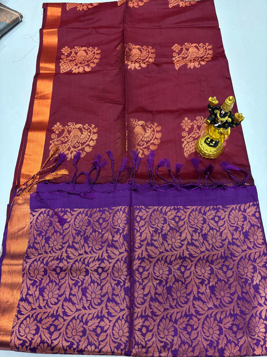 Deep Maroon Elampillai Saree with Purple Floral Zari Pallu