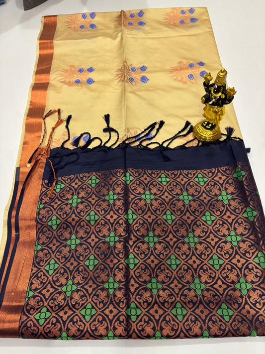 Cream Beige Elampillai Saree with Navy Blue Geometric Pallu