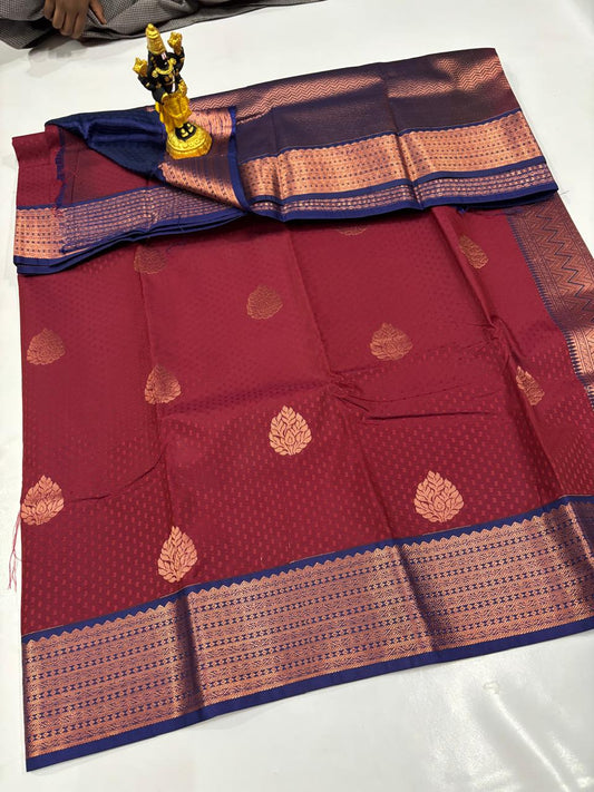 Burgundy Elampillai Soft Silk Saree with Navy Blue Zari Pallu