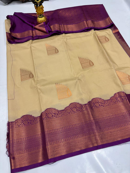Cream Beige Elampillai Saree with Purple Scalloped Zari Pallu