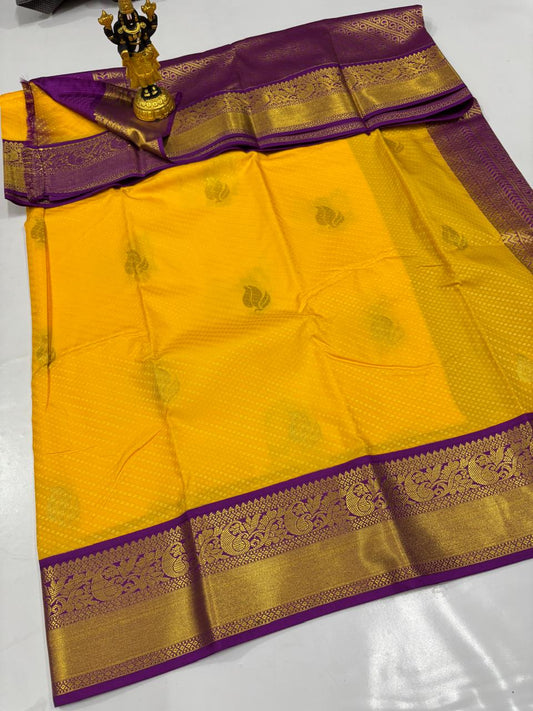 Bright Yellow Elampillai Saree with Purple Traditional Zari Pallu