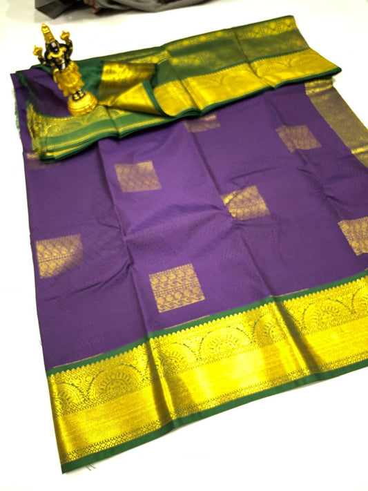 Dark Purple Elampillai Saree with Emerald Green Geometric Zari