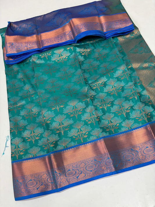 Aqua teal silk saree with blue Zari border