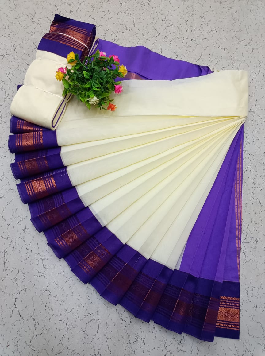 Cream Elampillai saree with violet zari border.