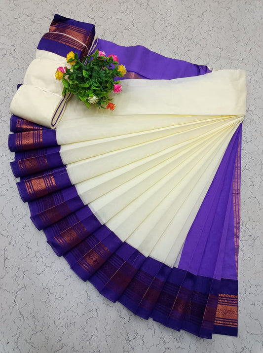 Cream Elampillai saree with violet zari border.