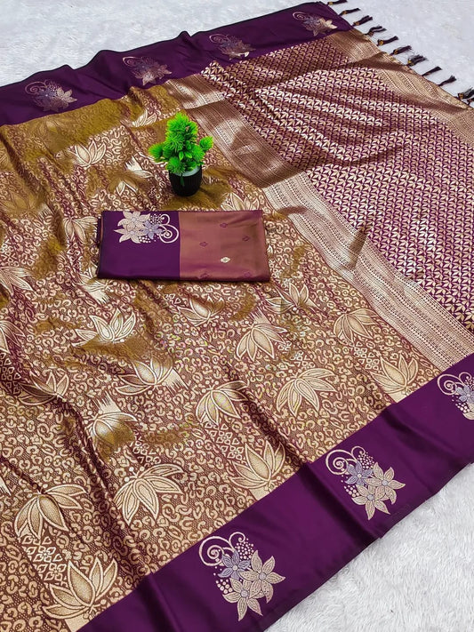 Deep purple Elampillai saree with grape purple zari border and intricate lotus motifs.
