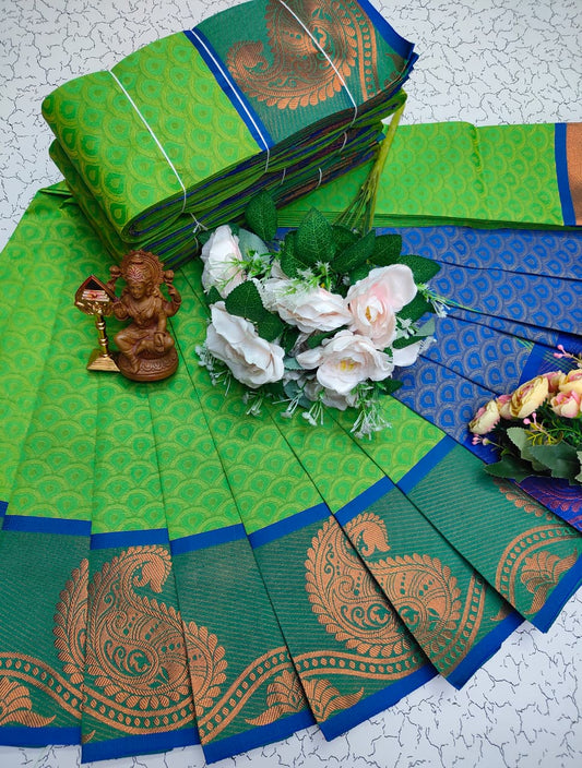 Emerald green woven saree with royal blue zari border