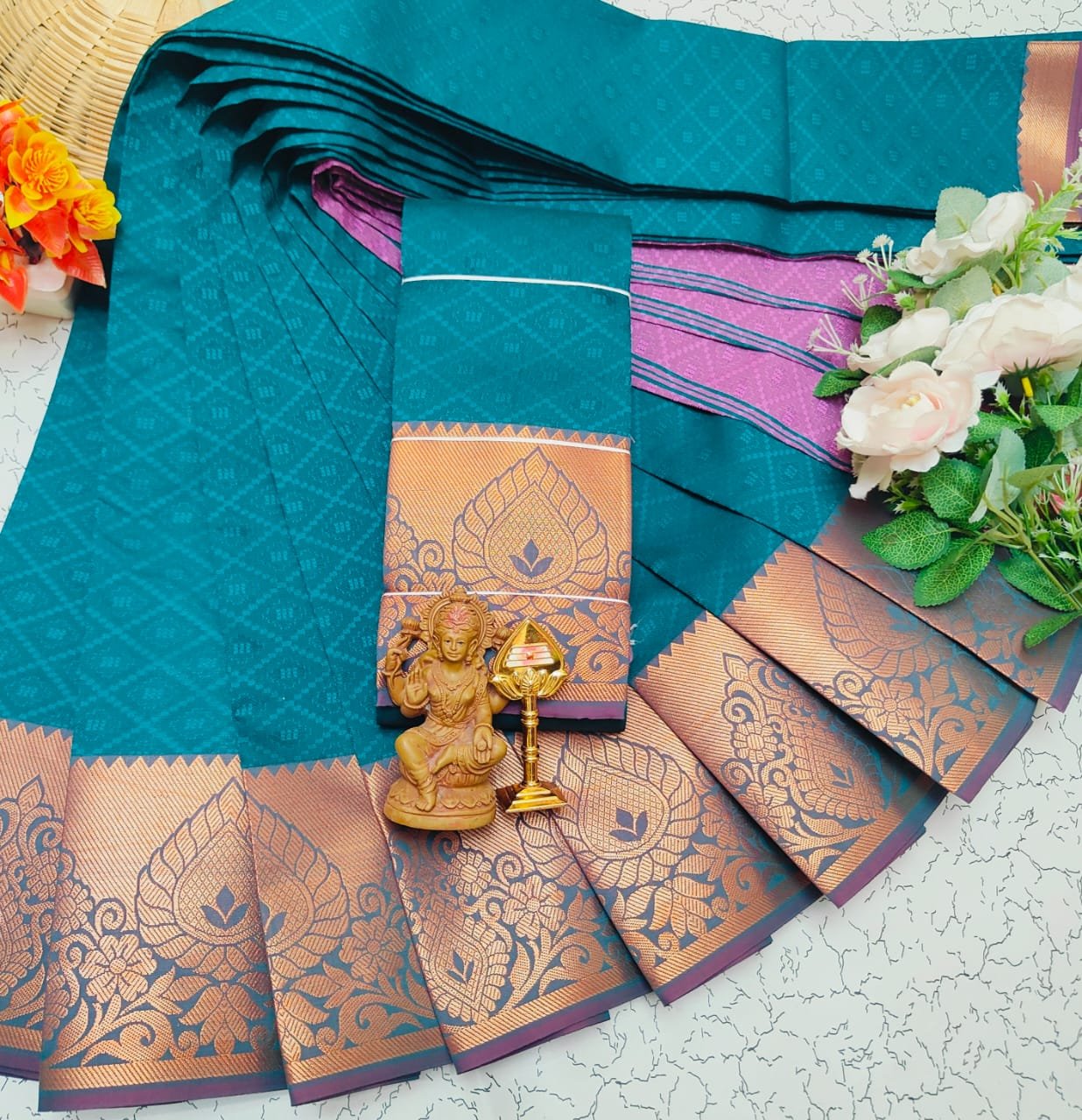 Peacock Blue & Magenta Pink Saree