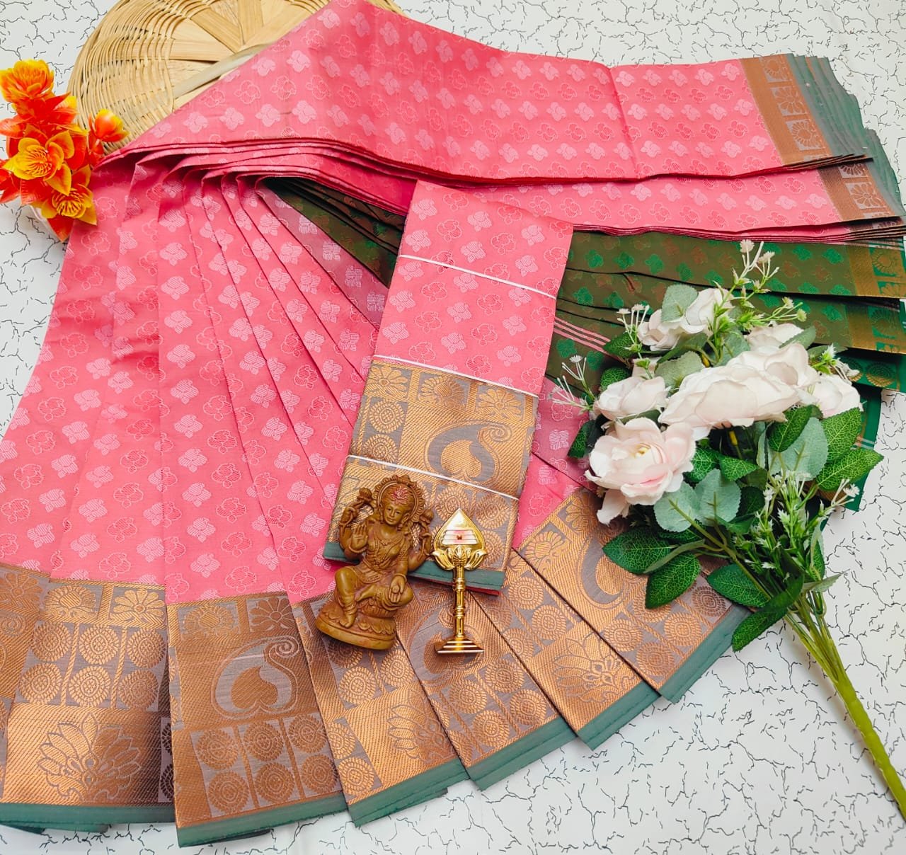 Pink & Bottle Green Saree
