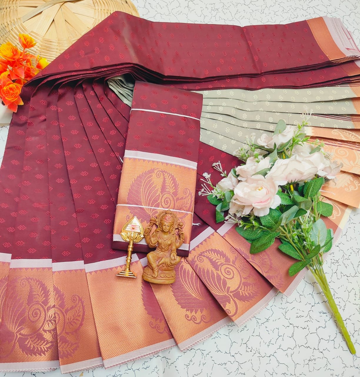 Wine Maroon & Sage Grey Saree