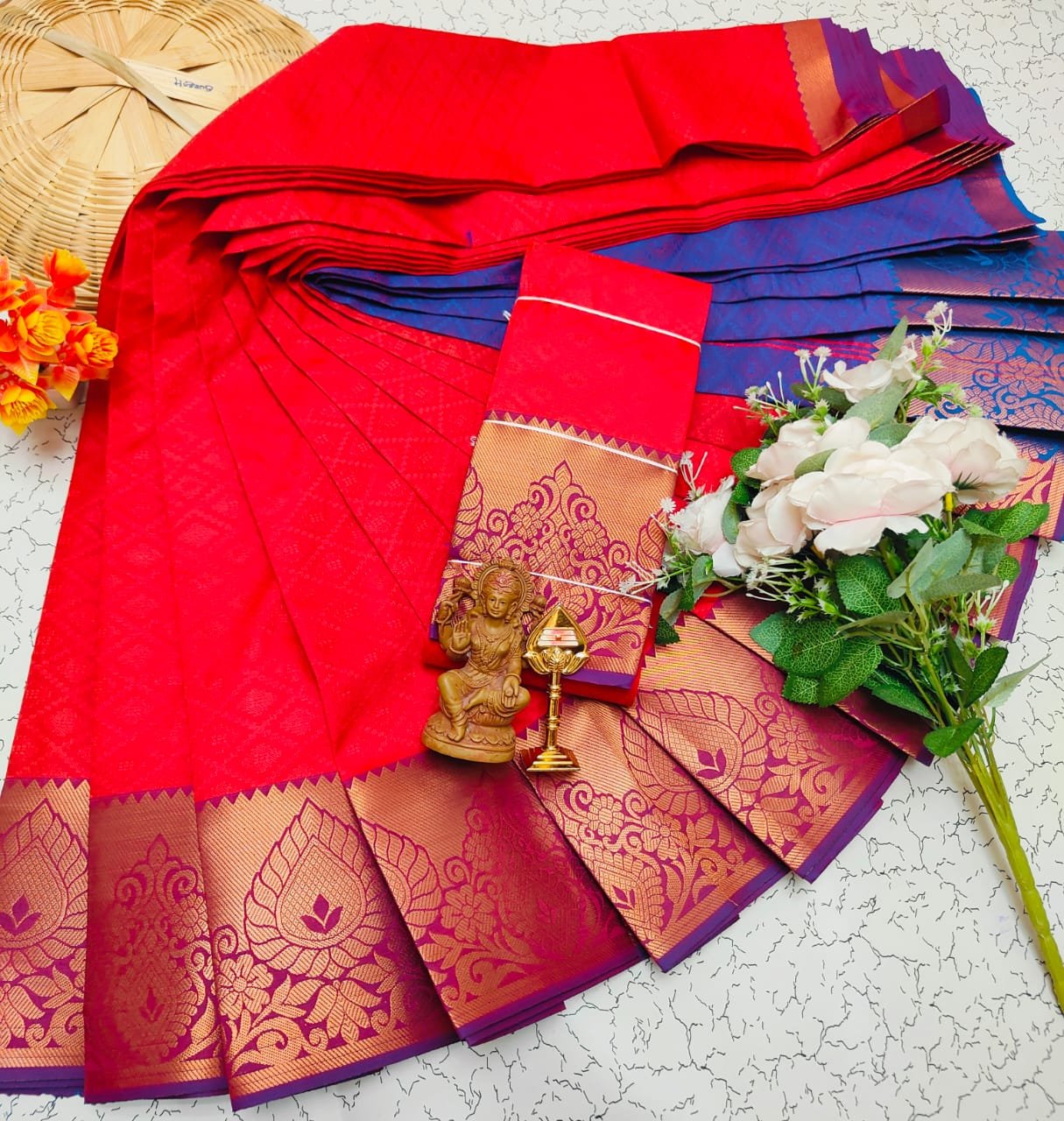 Crimson Red & Purple-Blue Saree