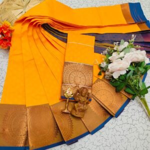 Bright Yellow & Navy Blue Saree