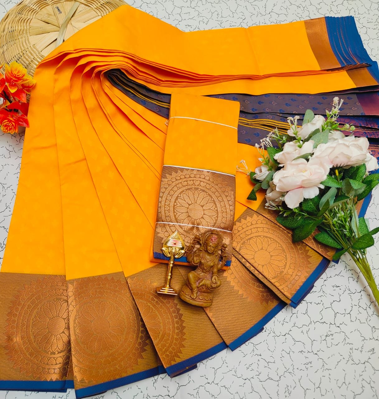 Bright Yellow & Navy Blue Saree